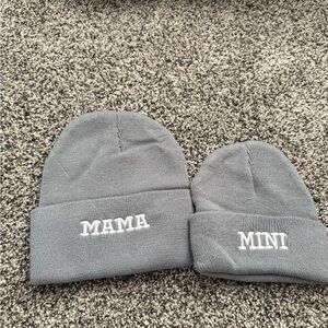 Gray Knit Beanie Set for Mom and Child